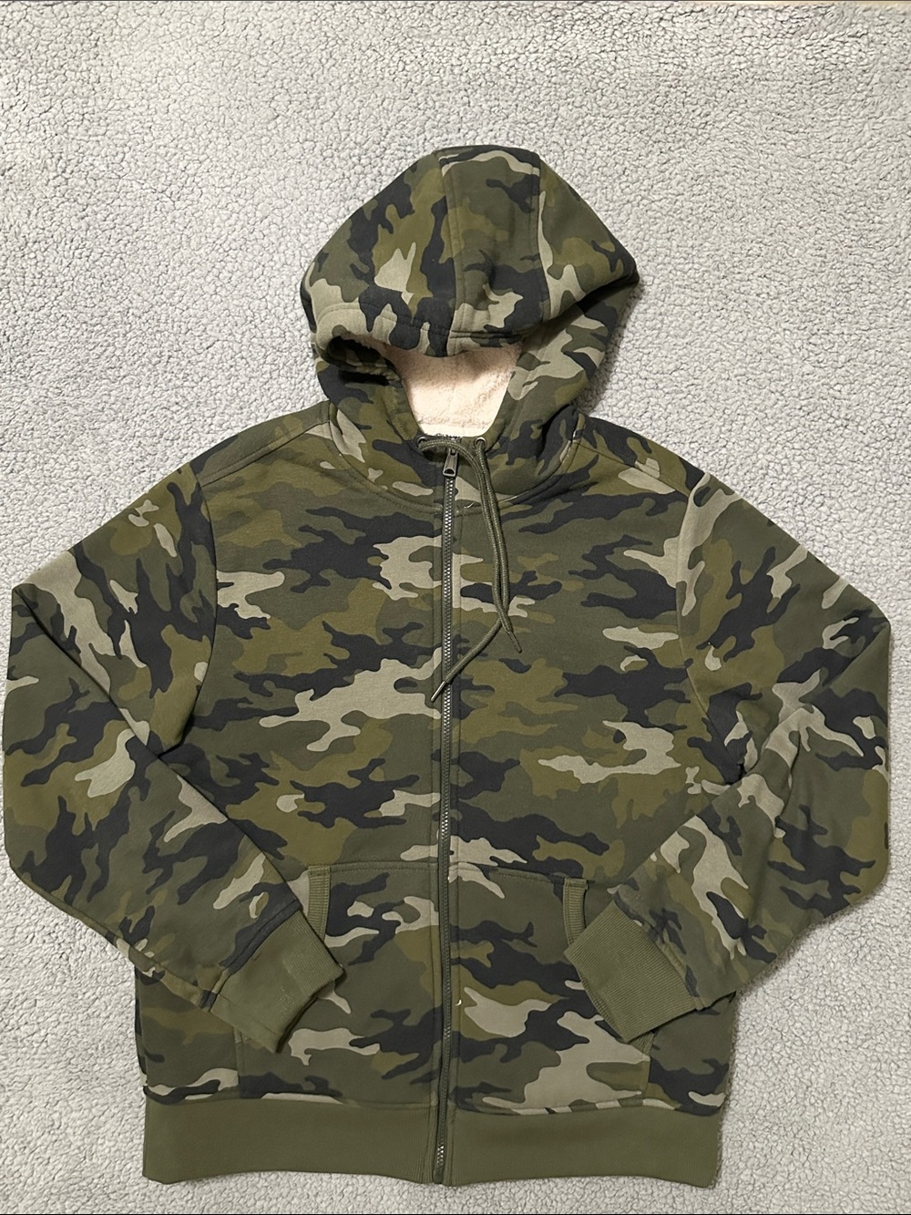 George Men’s Camo Sherpa Lined Full Zip Hoodie Jacket Size L 42-44 Green